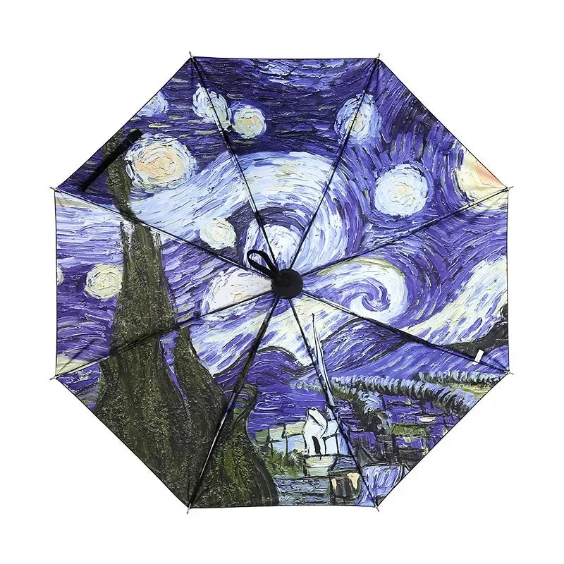 Folding Umbrella Female Windbreak Van Gogh Oil Painting Umbrella Rain Female Quality Black Coated Sunshade Umbrella