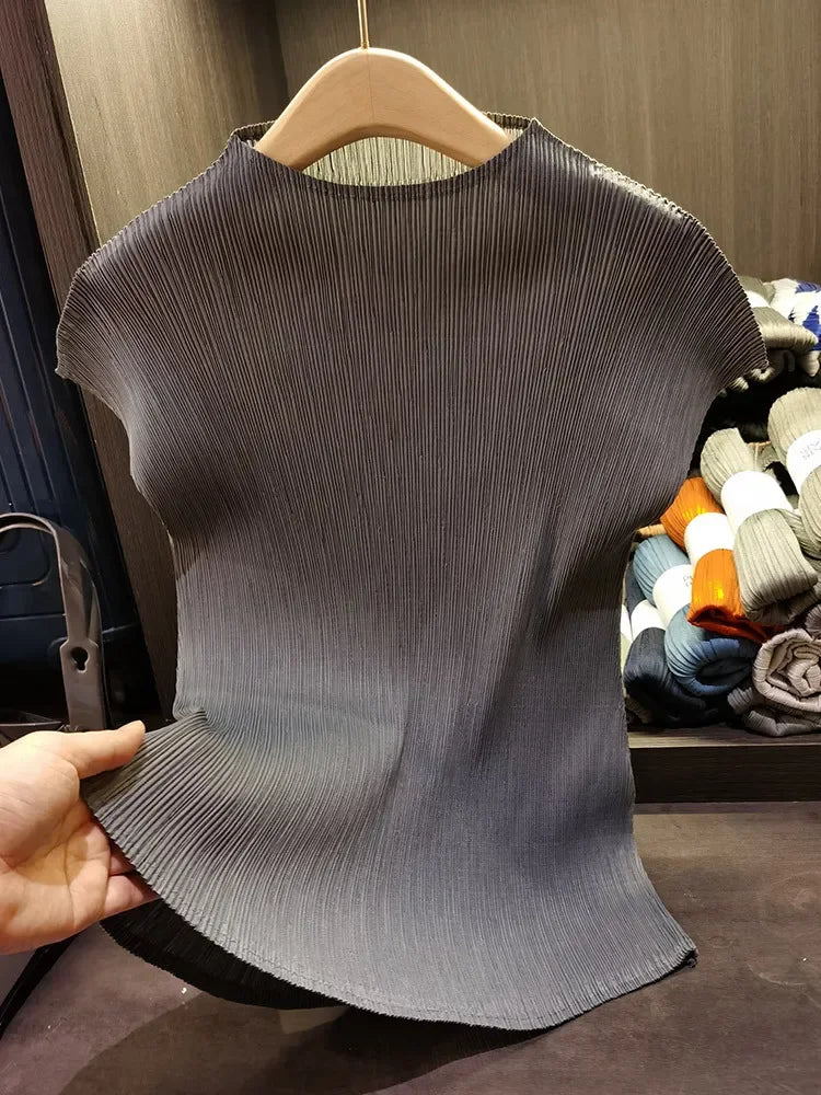 Versatile Classic Simple Solid Color Stand Up Collar Pleated Top Women Slim Slim Short Sleeve Miyake T-shirt Summer-Dollar Bargains Online Shopping Australia