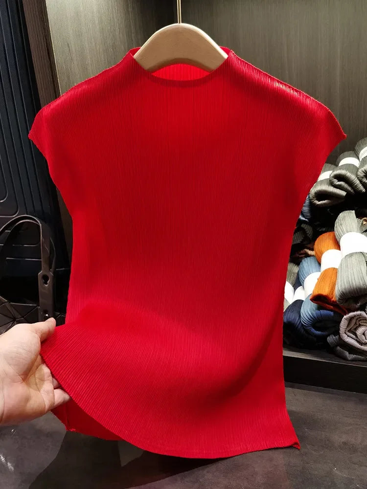 Versatile Classic Simple Solid Color Stand Up Collar Pleated Top Women Slim Slim Short Sleeve Miyake T-shirt Summer-Dollar Bargains Online Shopping Australia