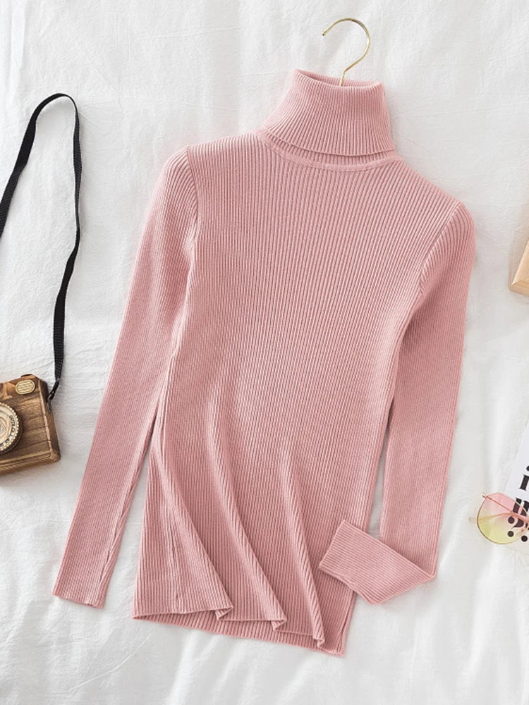 Korean Fashion Turtleneck Women Autumn Winter Pullover Sweater Basic Solid Casual Slim Stretch Ribbed Knitted Top Woman Sweaters-Dollar Bargains Online Shopping Australia