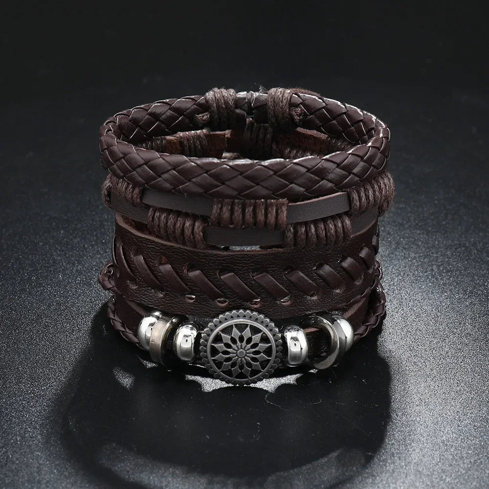 Trendy Compass Man Leather Bracelets set Black Hand Woven Bracelet for Men 4pcs/set DIY Male Jewelry Gift New Pulsera Hombre-Dollar Bargains Online Shopping Australia