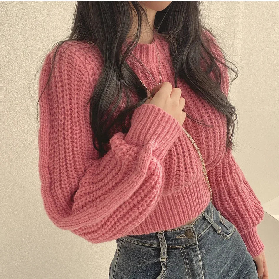 Knitted Sweater Pullovers Japan Girls Solid O Neck Short Crop Knit Tops 4 Colors-Dollar Bargains Online Shopping Australia