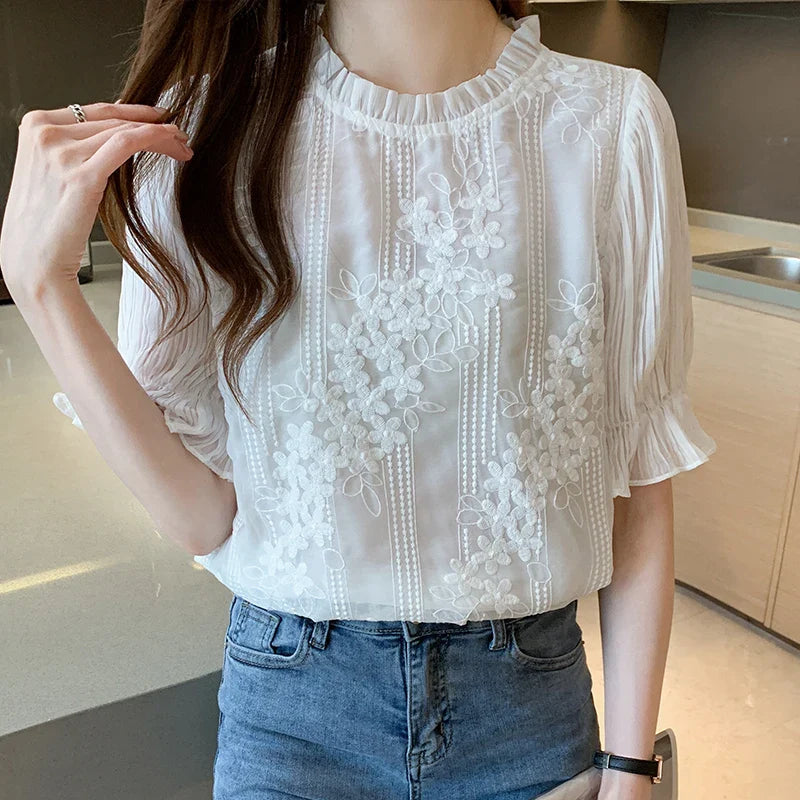 Women Blouse Short Sleeve Embroidery Lace Chiffon Blouse Shirt Blouse Women-Dollar Bargains Online Shopping Australia
