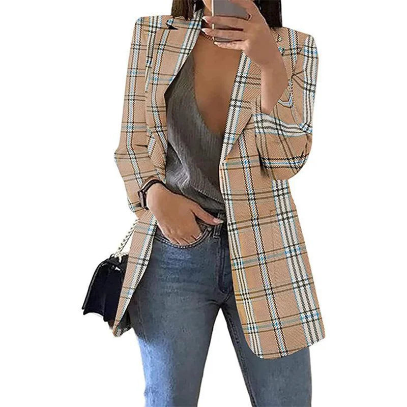 Autumn/Winter Fashion Women's Cardigan Collar Plaid Slim Fit Suit Coat