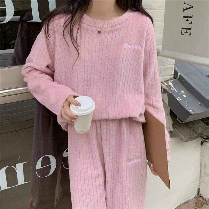 Winter Warm Flannel Fleecing Women Pyjamas Sets Thick Coral Velvet Long Sleeve Cartoon Sleepwear 2pcs Flannel Pajamas Set-Dollar Bargains Online Shopping Australia