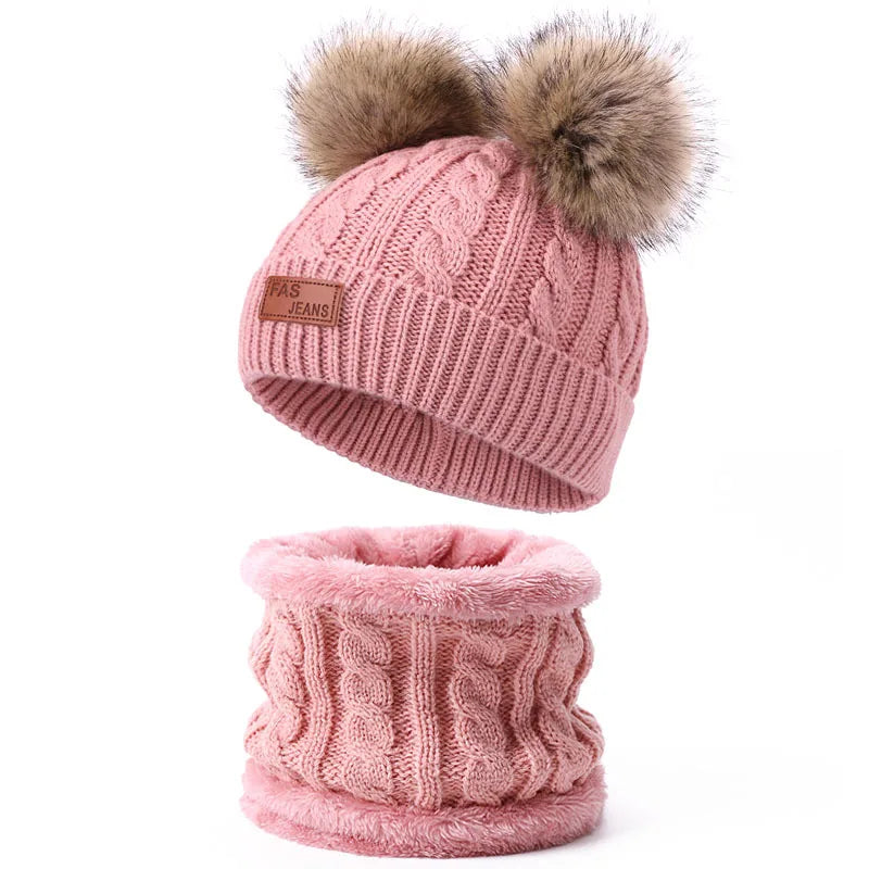 Warm Winter Baby Hats with Scarves for Kids Wool Pompom Baby Hat Children Bonnet Cap Boys Girls Knitted Scarf Gloves Beanie Caps-Dollar Bargains Online Shopping Australia