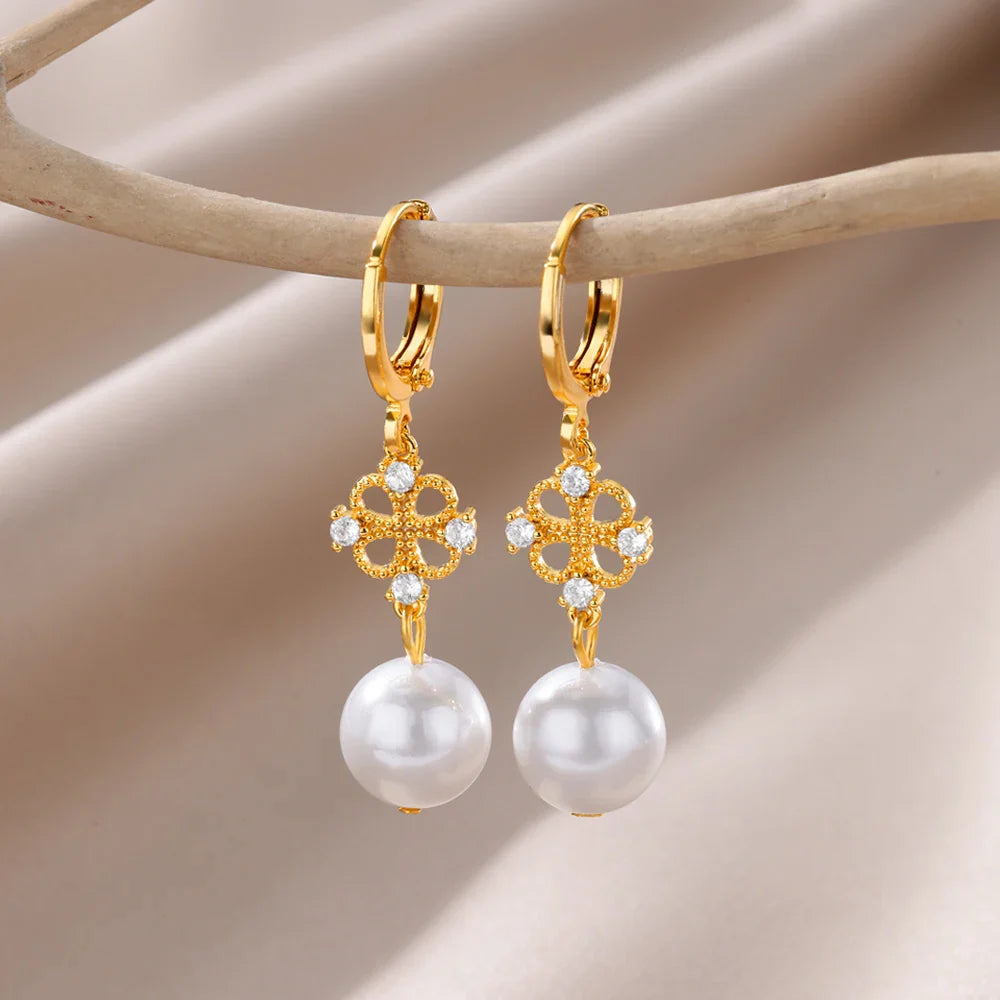 Fashion Circle Imitation Pearl Drop Earrings for Women Gold Color Stainless Steel Round Geometric Hoop Earring Wedding Jewelry-Dollar Bargains Online Shopping Australia