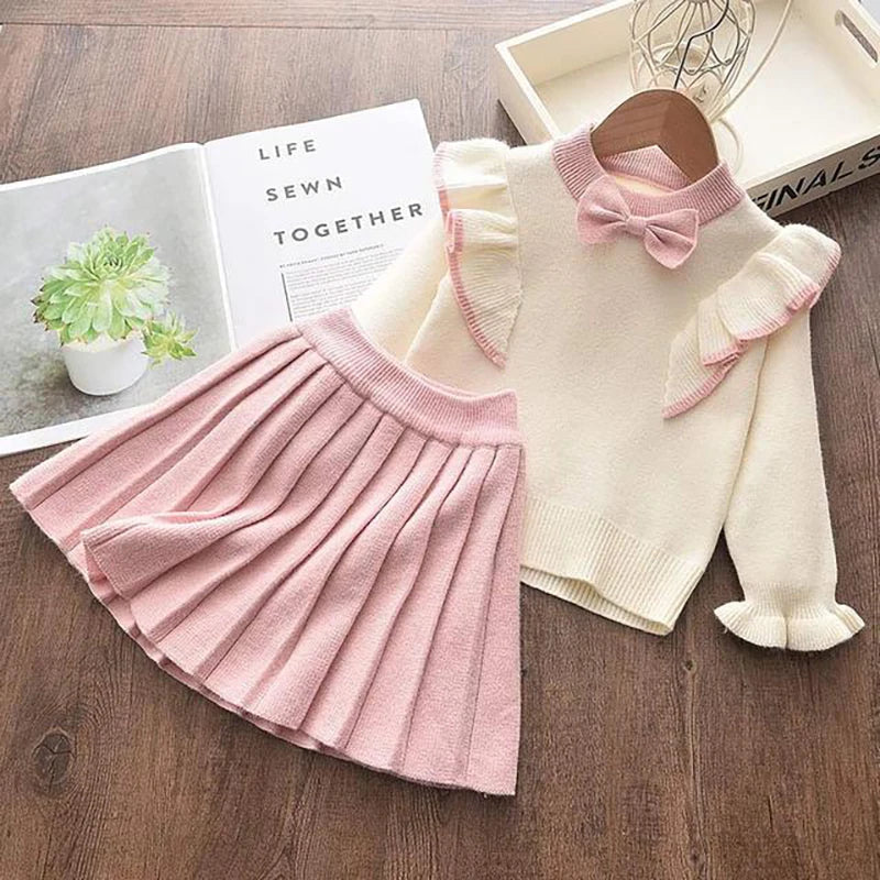 Casual Girls Dress Knitting Kids Suit Winter Long Sleeves Princess Top and Skirt 2pcs Outfits Sweater Kids Clothes-Dollar Bargains Online Shopping Australia
