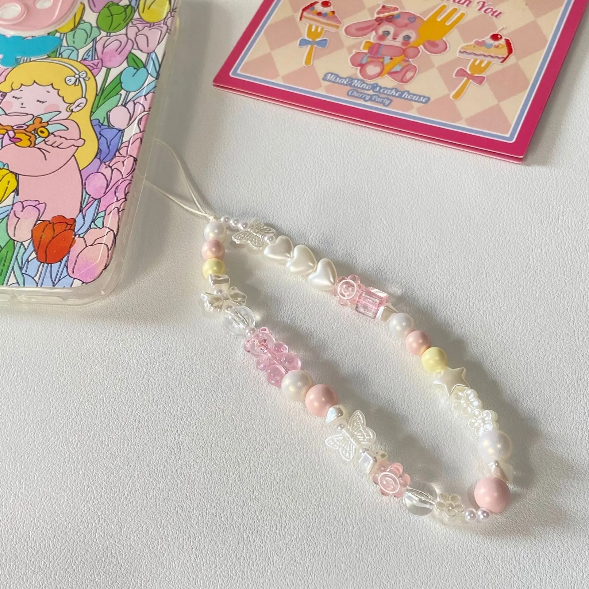 Simple Pink Bear Heart Strawberry Bowknot Flower Acrylic Imitation Pearl Beaded Phone Chain for Women Girls Sweet Accessories-Dollar Bargains Online Shopping Australia