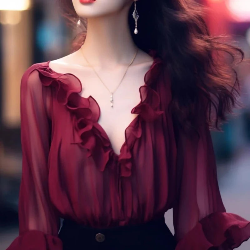 Chiffon Flare Long Sleeved Women's Clothing Spring V-Neck Ruffle Patchwork Solid Color Fashion Loose Elegant Shirt-Dollar Bargains Online Shopping Australia