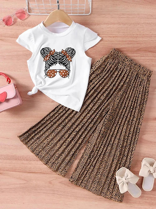 Girls Clothing Sets New Cotton Fashion Short Sleeved + Wide Leg Pants Casual Two Piece Set Kids Clothes-Dollar Bargains Online Shopping Australia