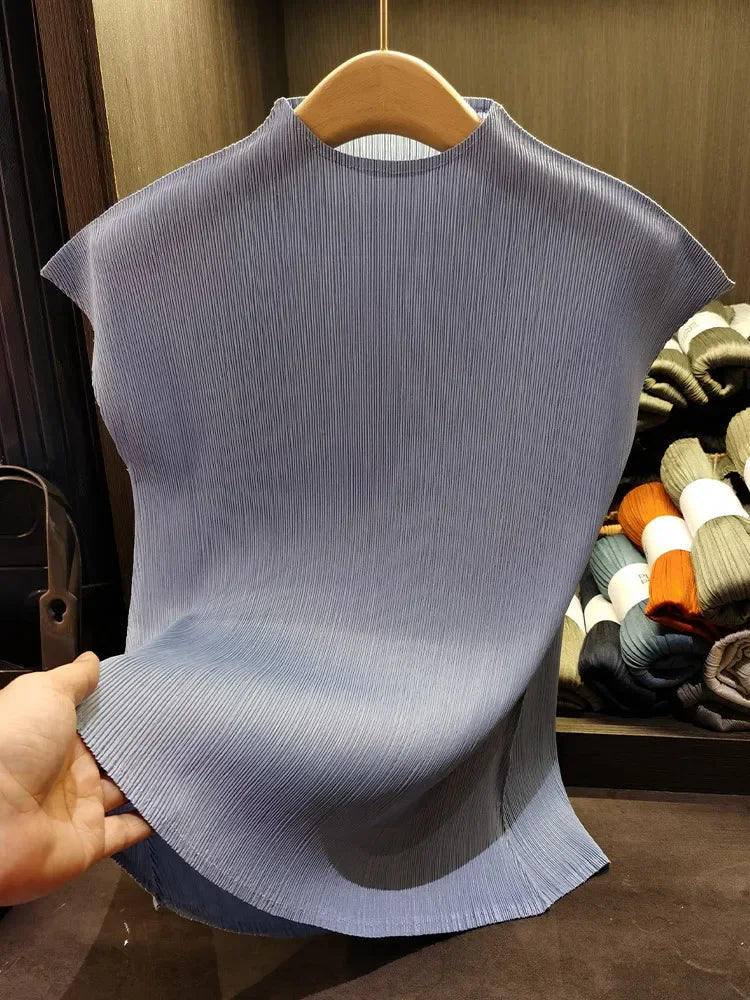 Versatile Classic Simple Solid Color Stand Up Collar Pleated Top Women Slim Slim Short Sleeve Miyake T-shirt Summer-Dollar Bargains Online Shopping Australia