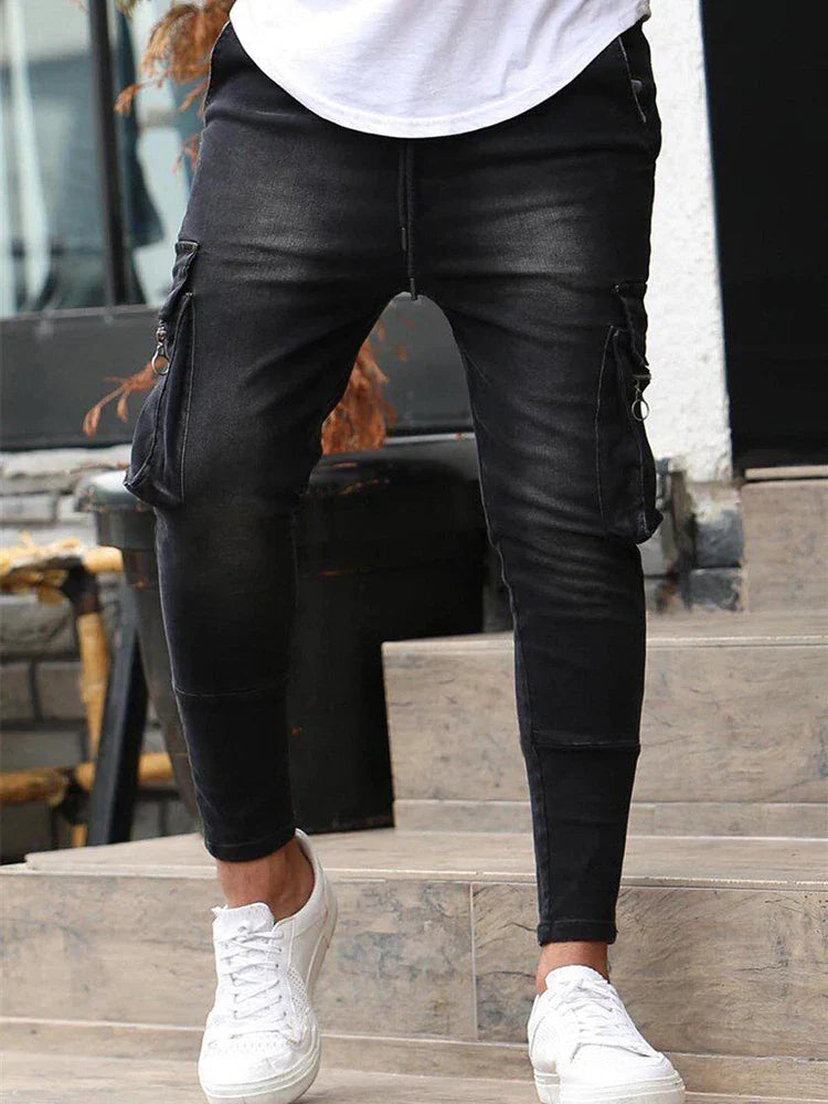 Men's Slim Fit Stretch Jeans Casual Fashion Multi Pocket Cargo Denim Pants High Street Men's Jeans Work Hip Hop Trousers