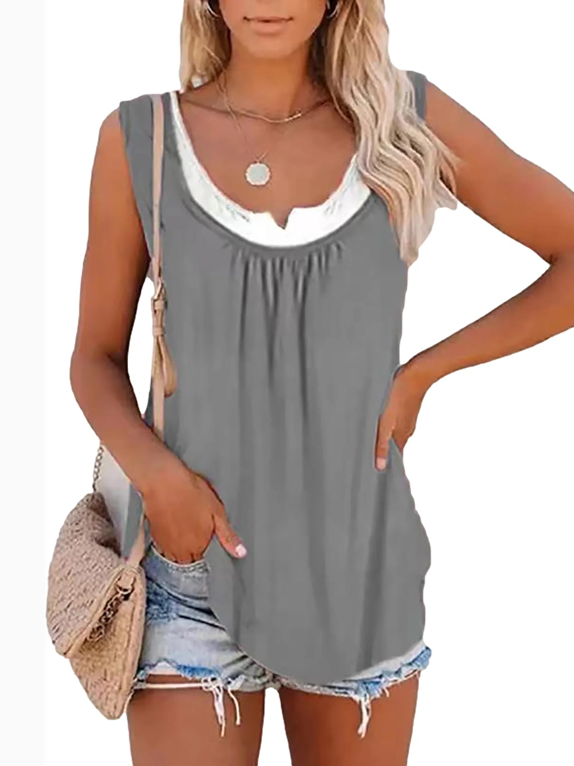 Womens blouse solid color patchwork sleeveless pleated vest T-shirt-Dollar Bargains Online Shopping Australia