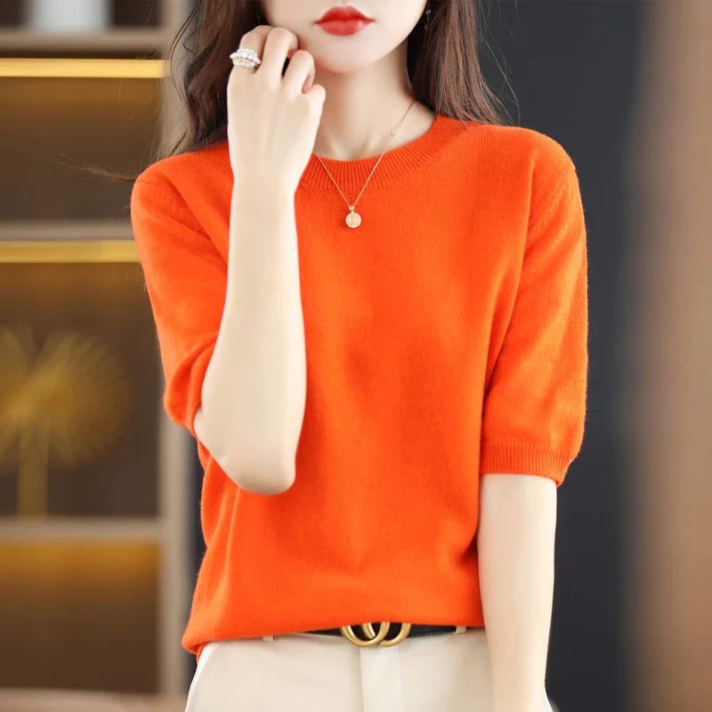 Spring and Summer New Short-sleeved Women O-neck Slim Wool Cotton Blend Pullover Vest T-shirt Knitted Base Sweater-Dollar Bargains Online Shopping Australia