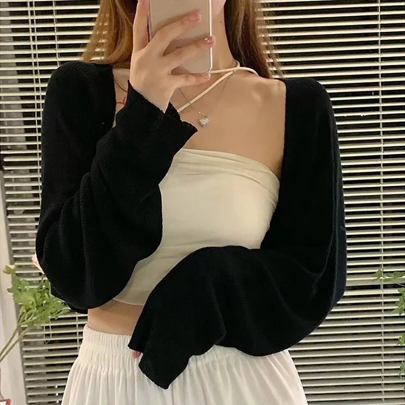Summer Ice Silk Short Knitted Sunscreen Cardigan Women Solid Color Long Sleeve Thin Smock-Dollar Bargains Online Shopping Australia