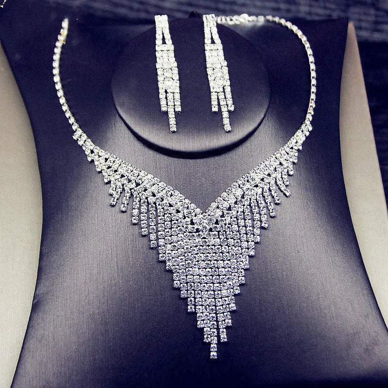 Geometric Rhinestone Necklace Earrings For Women Long Tassel Jewelry Sets Ladies Weddings Banquet Accessory-Dollar Bargains Online Shopping Australia