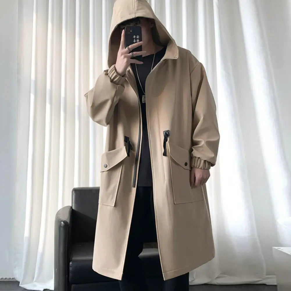 Men Trench Coat Loose Mid Length Big Pockets Hooded Jacket Windproof Zipper Closure Elastic Cuff Male Coat Men's Clothing