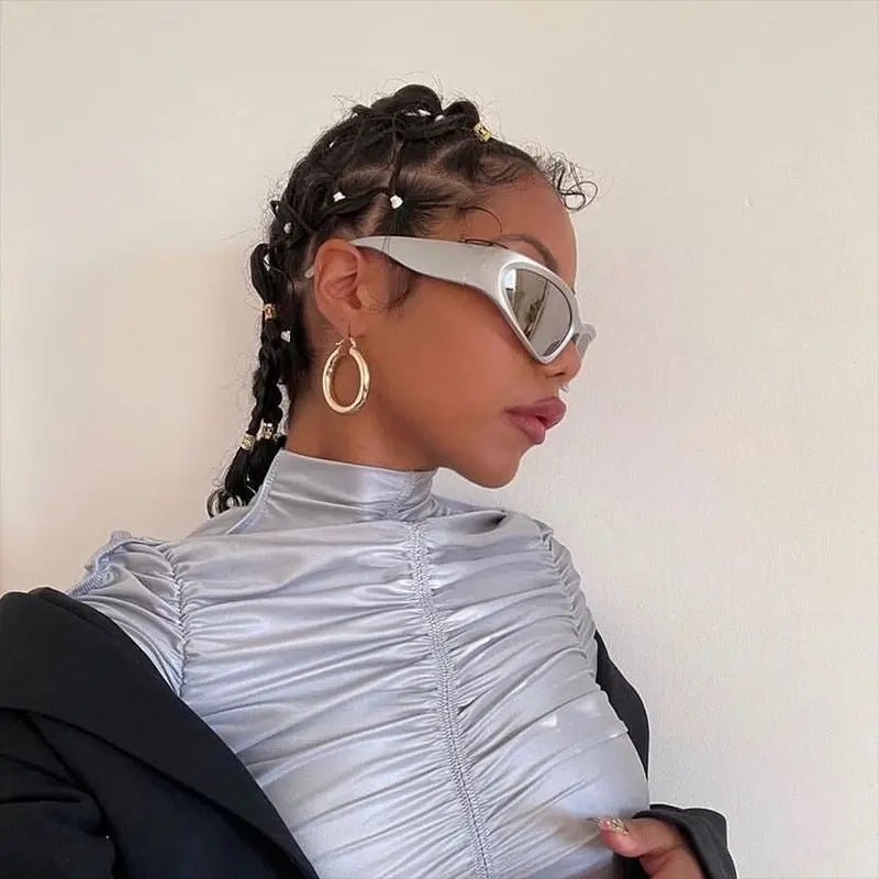 Fashion Wrap Around Cyber Y2K Sunglasses Women Silver Oval Shades Sports Cycling Sun Glasses Aesthetic Eyewear for Men Outdoor-Dollar Bargains Online Shopping Australia