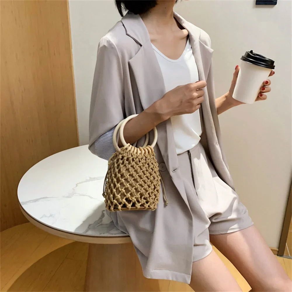 Summer Straw Woven Beach Bag Hollow Fishnet Handbag Women Shoulder Bags Rattan Ladies Purses Fashion Wrist Pack Bucket Tote-Dollar Bargains Online Shopping Australia