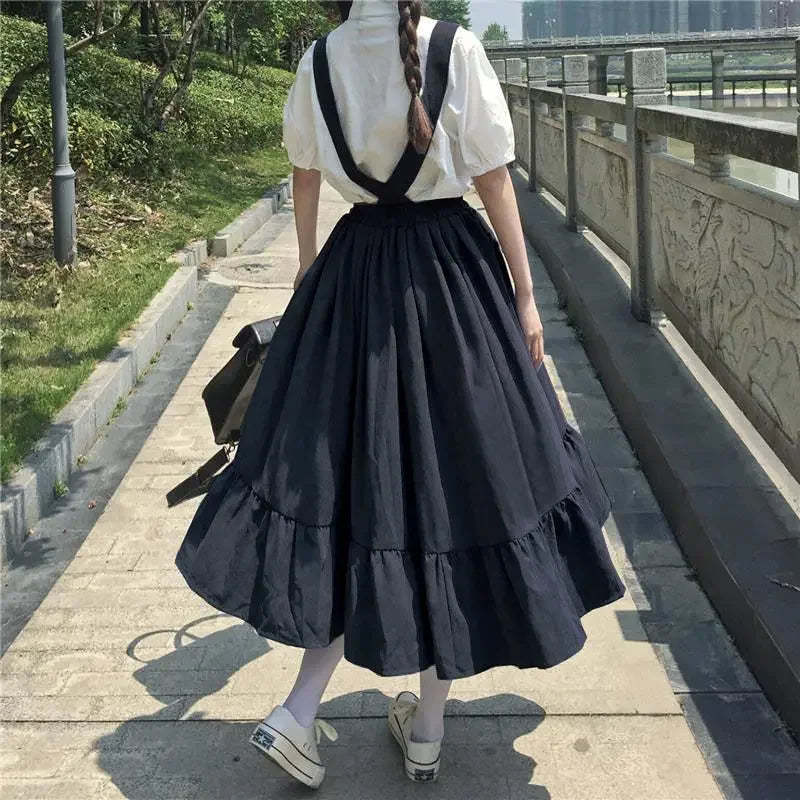 Women Skirt Preppy Style Strap Long Skirt Ruffles Loose Cute Student Casual Skirt Female Skirts