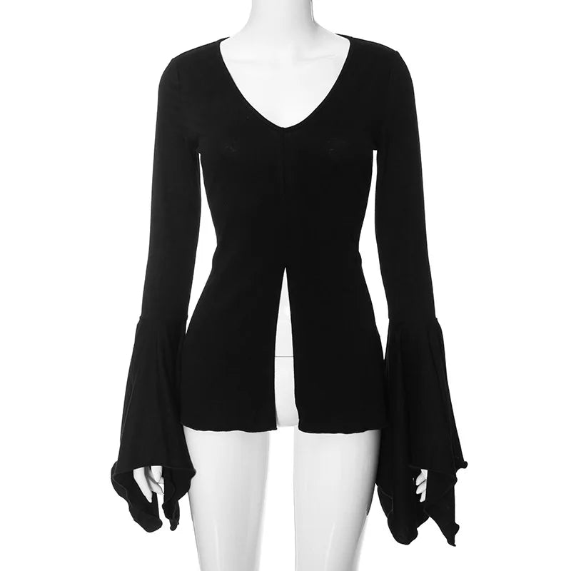 Goth Dark Fairy Grunge Flare Sleeve V-neck T-shirts Gothic Split Sexy Lettuce Hem Female Blouses Y2k Black Slim Fashion Alt Tops-Dollar Bargains Online Shopping Australia