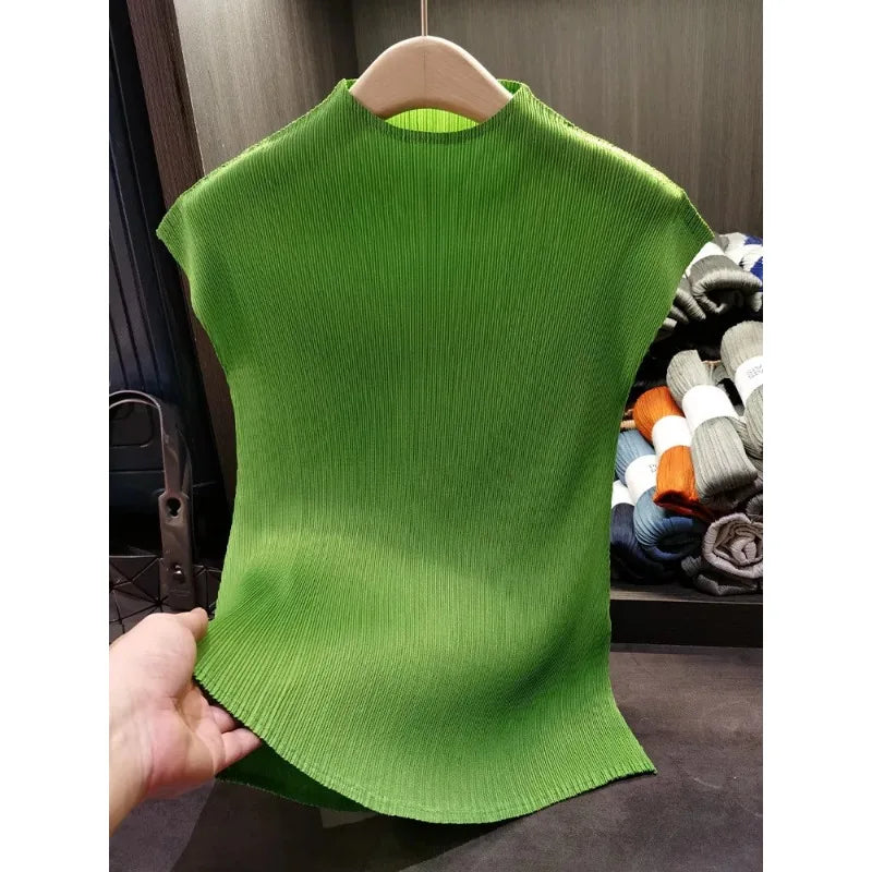 Versatile Classic Simple Solid Color Stand Up Collar Pleated Top Women Slim Slim Short Sleeve Miyake T-shirt Summer-Dollar Bargains Online Shopping Australia