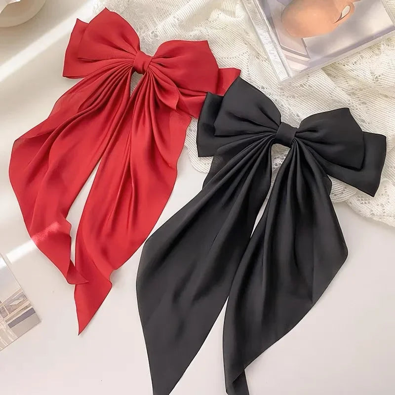 Large Satin Bow Hair Clip Women Girl Black Pink Spring Clip Hair Pin Retro Headband with Clips Hair Accessories