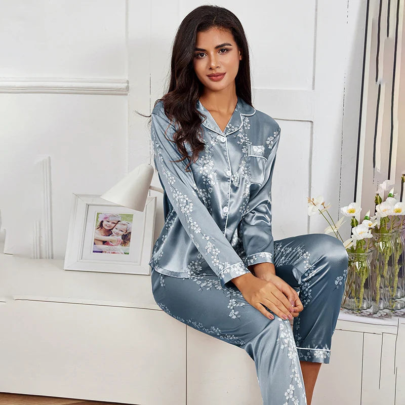 women Silk Satin pyjamas set Long sleeve Shirt with Trouser Sleepwear Loungewear Female Pyjamas Suits-Dollar Bargains Online Shopping Australia