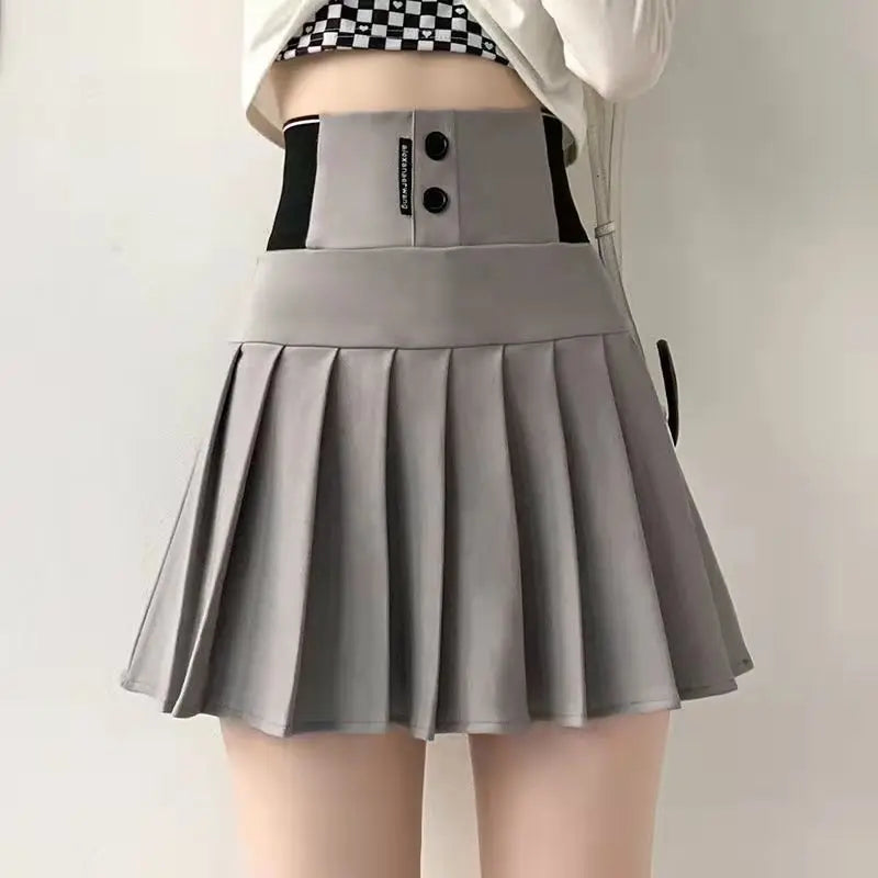 High Waist Women New Pleated Skirt Summer Solid Button Elastic A-line Wearing Safety Pants Fashion All-match Short Skirt-Dollar Bargains Online Shopping Australia