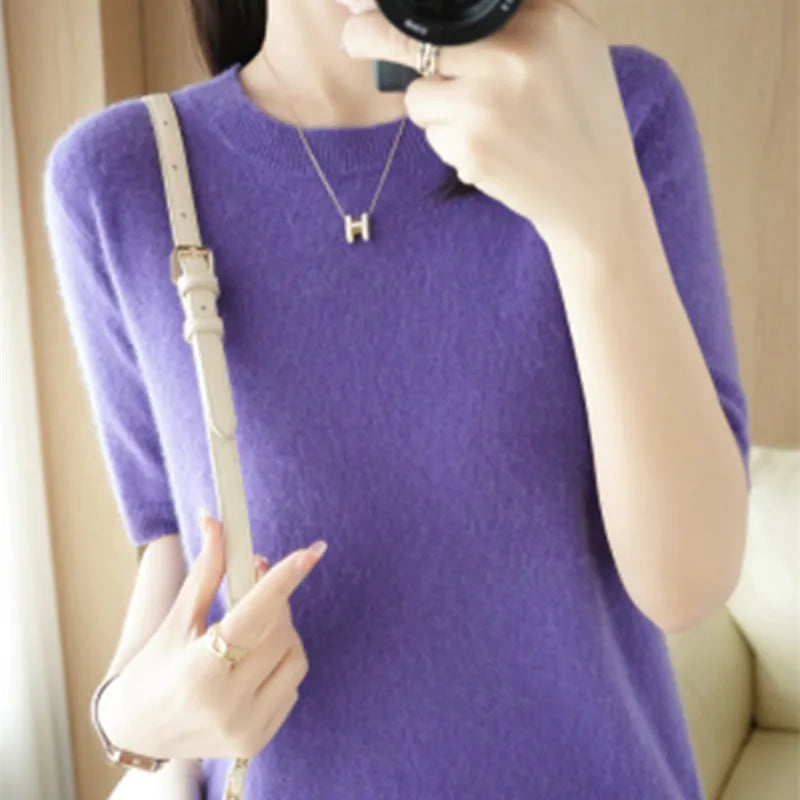 Spring and Summer New Short-sleeved Women O-neck Slim Wool Cotton Blend Pullover Vest T-shirt Knitted Base Sweater-Dollar Bargains Online Shopping Australia