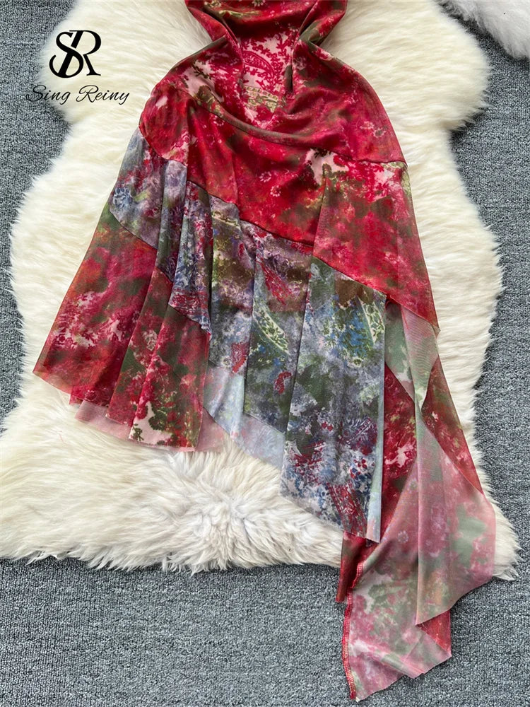 Women Spaghetti Strap Dress Mesh Sleeveless Lace up Design Irregular Retro Fashion Sexy Gentle Party Long Sundress-Dollar Bargains Online Shopping Australia