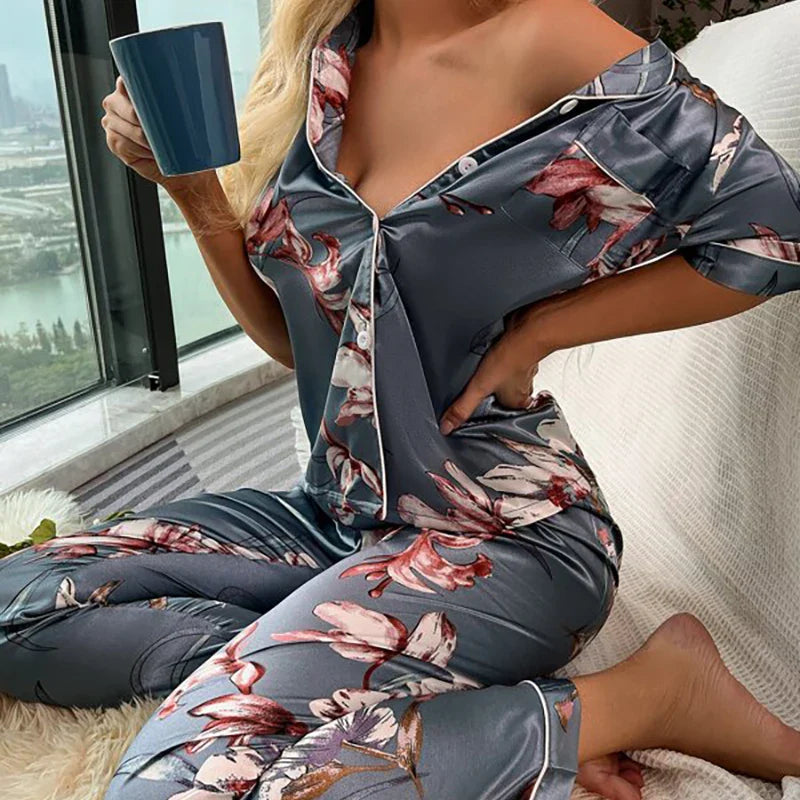 women Silk Satin pyjamas set Long sleeve Shirt with Trouser Sleepwear Loungewear Female Pyjamas Suits-Dollar Bargains Online Shopping Australia