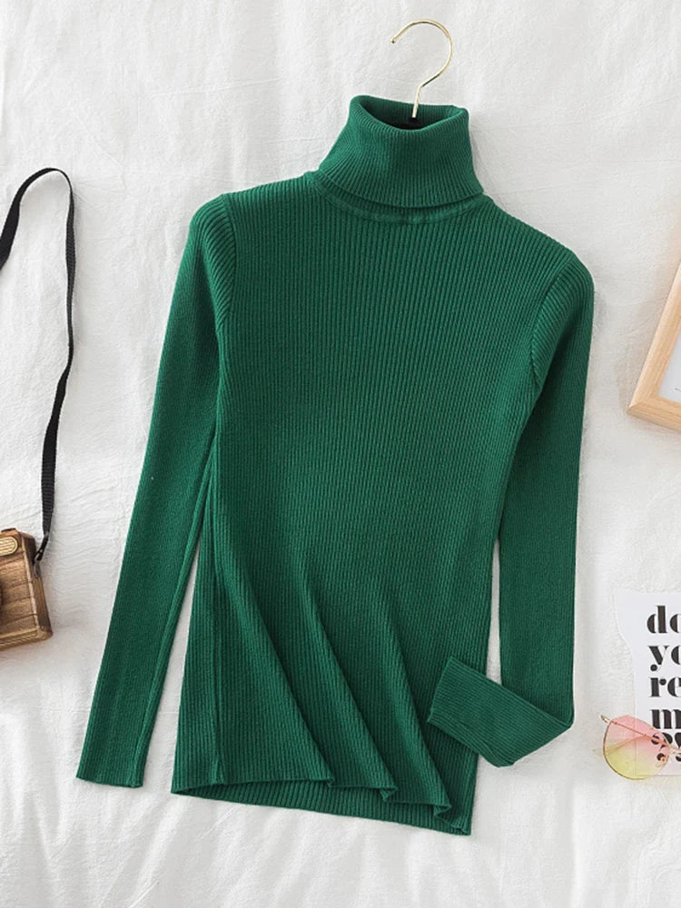 Korean Fashion Turtleneck Women Autumn Winter Pullover Sweater Basic Solid Casual Slim Stretch Ribbed Knitted Top Woman Sweaters-Dollar Bargains Online Shopping Australia