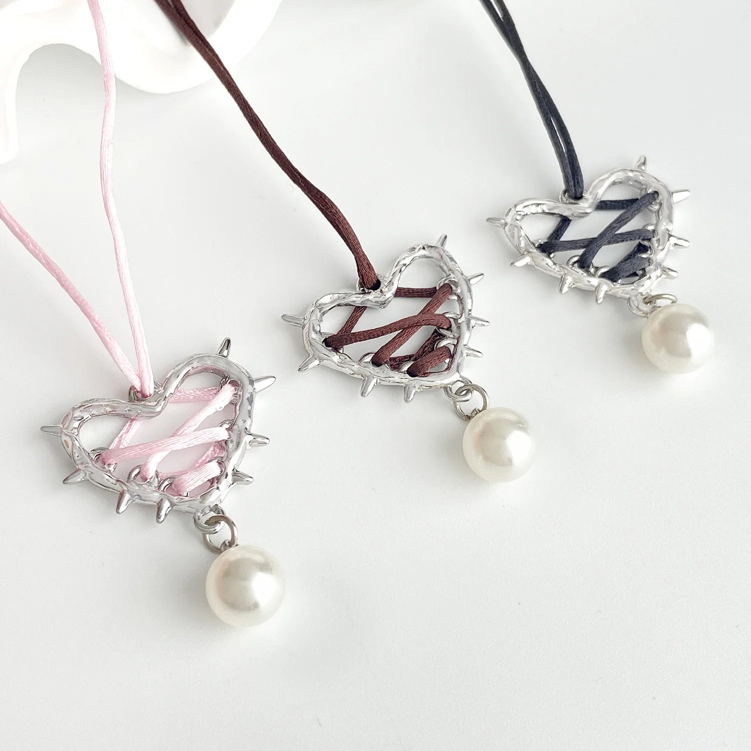 Pink Black Bow Tie Love Metal Heart Necklace Ribbon Pearl Pendant Necklace