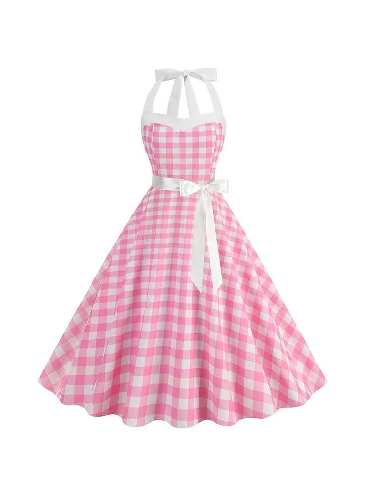 Vintage 50s 60s Women Summer Party Dress With Belt Pink Plaid Print Halter Hepburn Robe Rockabilly Dresses