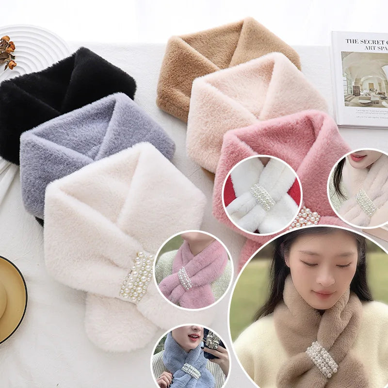 Winter Pearl Plush Scarf For Women Autumn Cute Thickened Warm Faux Fur Cross Scarves Girls Soft Neck Ring Scarf