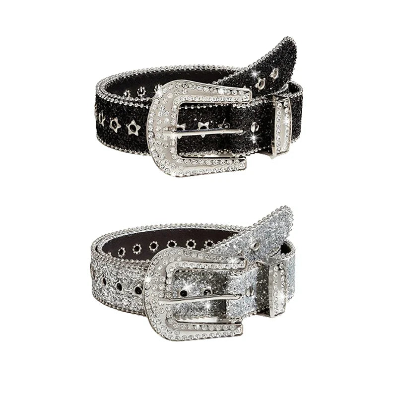 Y2K Rhinestones Buckle Belt Punk Star Hole Waist Strap Gothic Fashion Personality Belt For Cowgirl Skirt Waistband For Women Men