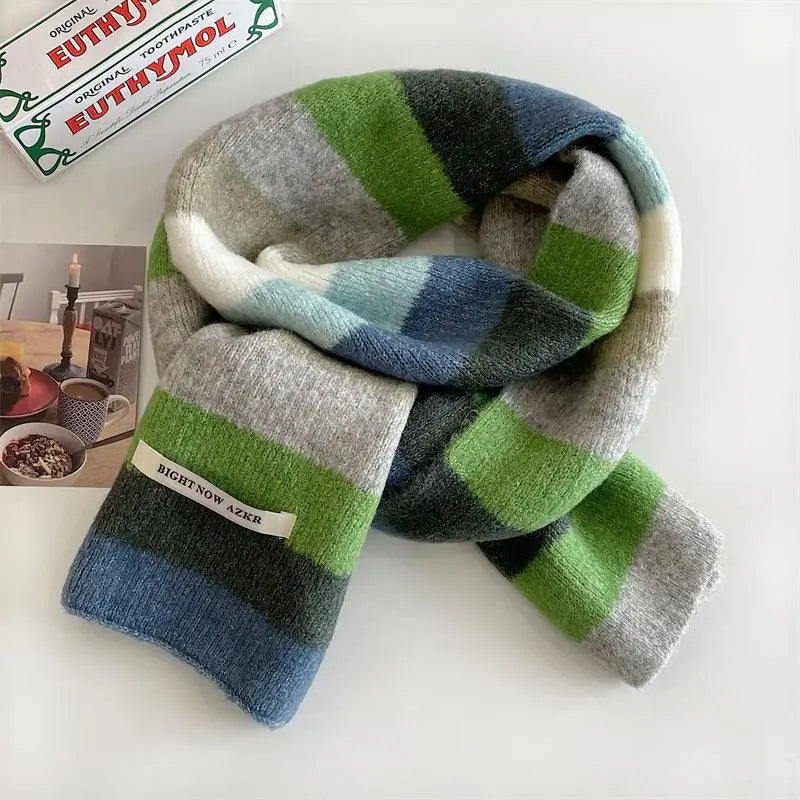 Rainbow Stripes Mohair Scarf Men And Women In Winter Colour Blocking Stripes Wool Short Scarf Students Warm Short Scarf