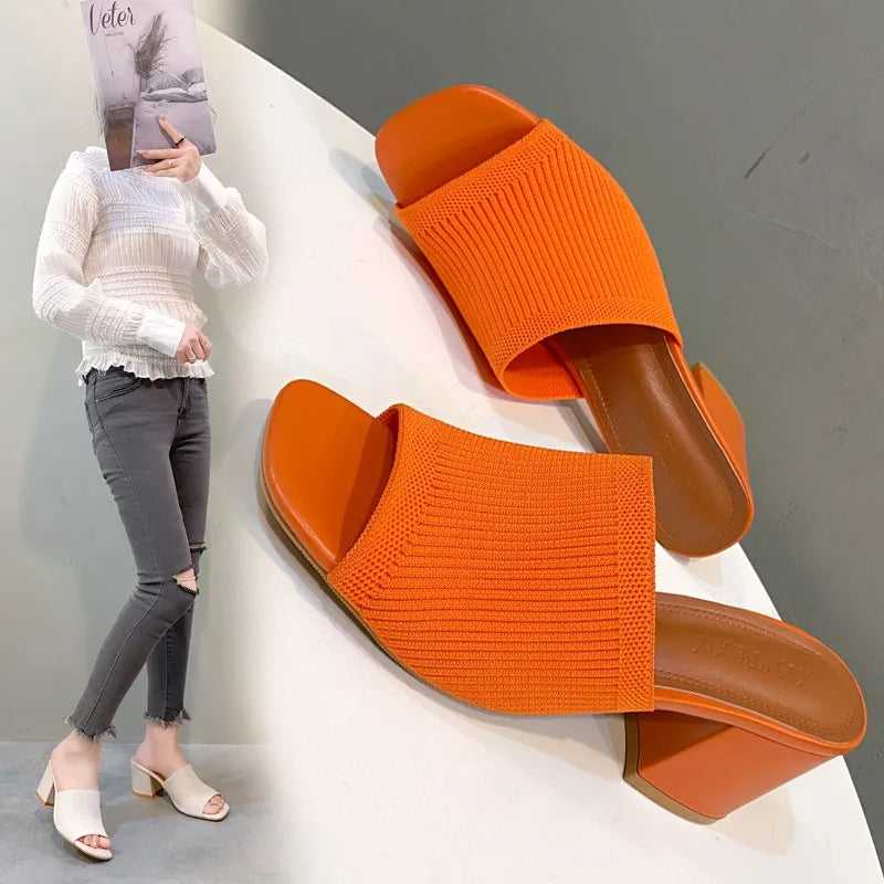 Flyknit High Heel Sandals Women Knitted Breathable Thick Heel Women Slippers Open Toe Fashion Sandals-Dollar Bargains Online Shopping Australia