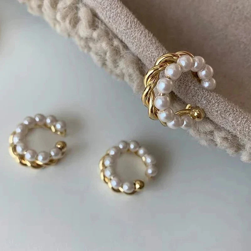 Double Circle Twist Pearl Ear Cuff Vintage Geometric Circle Earcuff Fake Piercing Pearls Clip on Earings-Dollar Bargains Online Shopping Australia