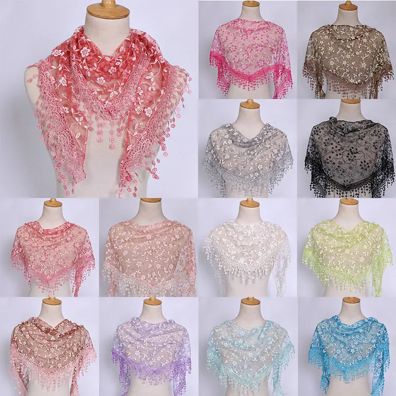 Fashion Lace Tassel Sheer Triangle Scarf Women Hollow Out Floral Scarves Shawls