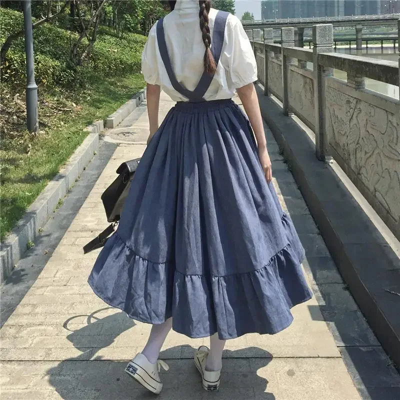 Women Skirt Preppy Style Strap Long Skirt Ruffles Loose Cute Student Casual Skirt Female Skirts