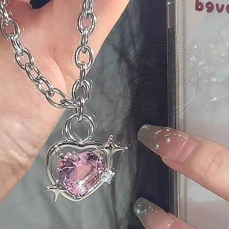 Black Heart Pendant Necklace Punk Shiny Rhinestone Star Asymmetric Chain Necklace for Women Neck Chain Y2K Jewelry-Dollar Bargains Online Shopping Australia