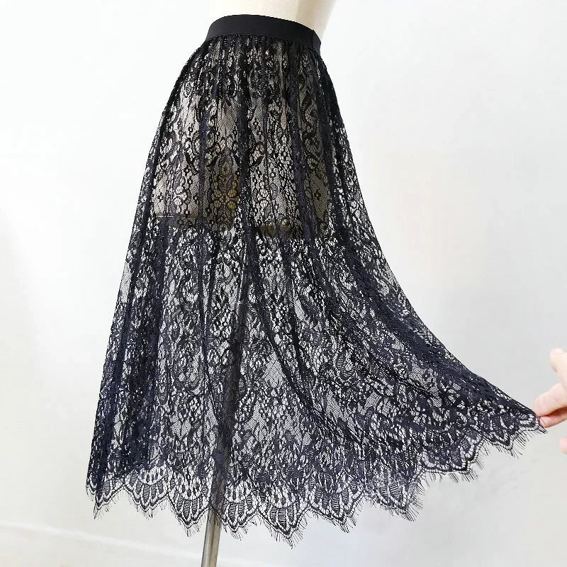 Women Mesh Lace Transparent Long Tulle Skirt Korean Fashion Summer Ladies Elastic High Waist Black White Beach Midi Skirt