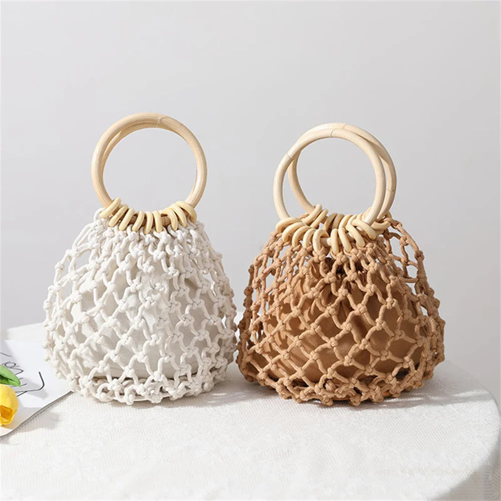 Summer Straw Woven Beach Bag Hollow Fishnet Handbag Women Shoulder Bags Rattan Ladies Purses Fashion Wrist Pack Bucket Tote-Dollar Bargains Online Shopping Australia