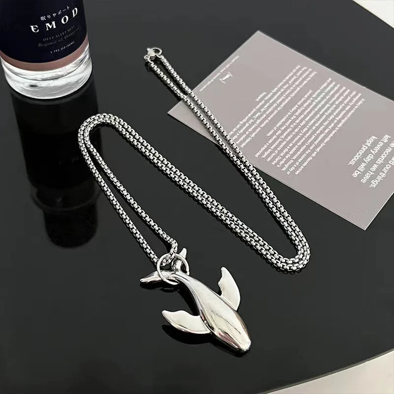 Fashion Trend Whale Stainless Steel Pendant Necklace for Men Exquisite Design Small Whale Cold Wind Long Sweater Chain-Dollar Bargains Online Shopping Australia