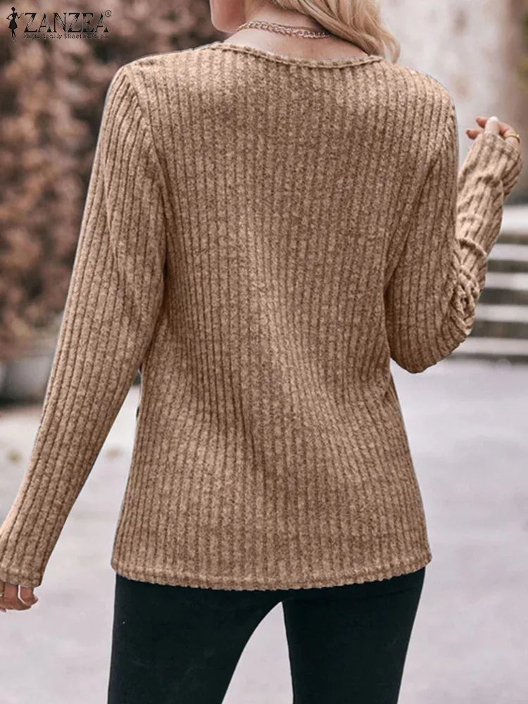 Vintage Knitted Tops Women Long Sleeve Blouse Fashion Round Neck Pullover Irregular Split Hem Shirts Oversize