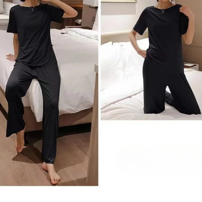 Pyjamas Ice Silk O Neck Thin Top With Elastic Waist Wide Leg Shorts And Long Pants Three Piece Set Sweet Casual Home Wear-Dollar Bargains Online Shopping Australia