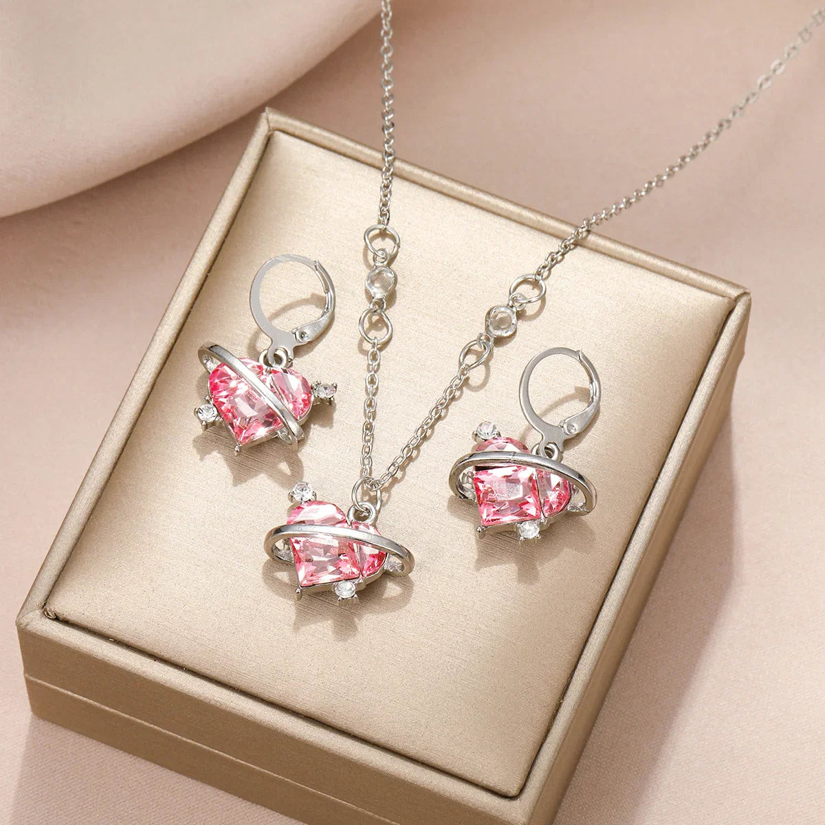 Earrings Necklaces Set for Women Heart-shaped Zircon Pink Crystal Pendant Necklace Women's Jewelry Exquisite Gifts